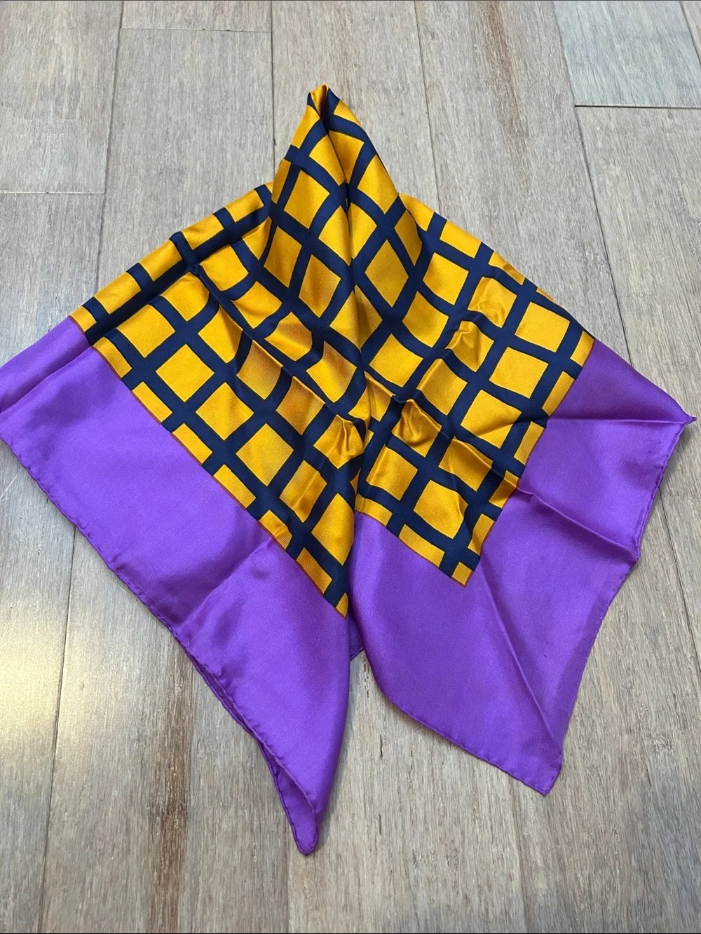 VTG Michel Swiss Purple and Yellow Grid Silk Scarf made in France square
